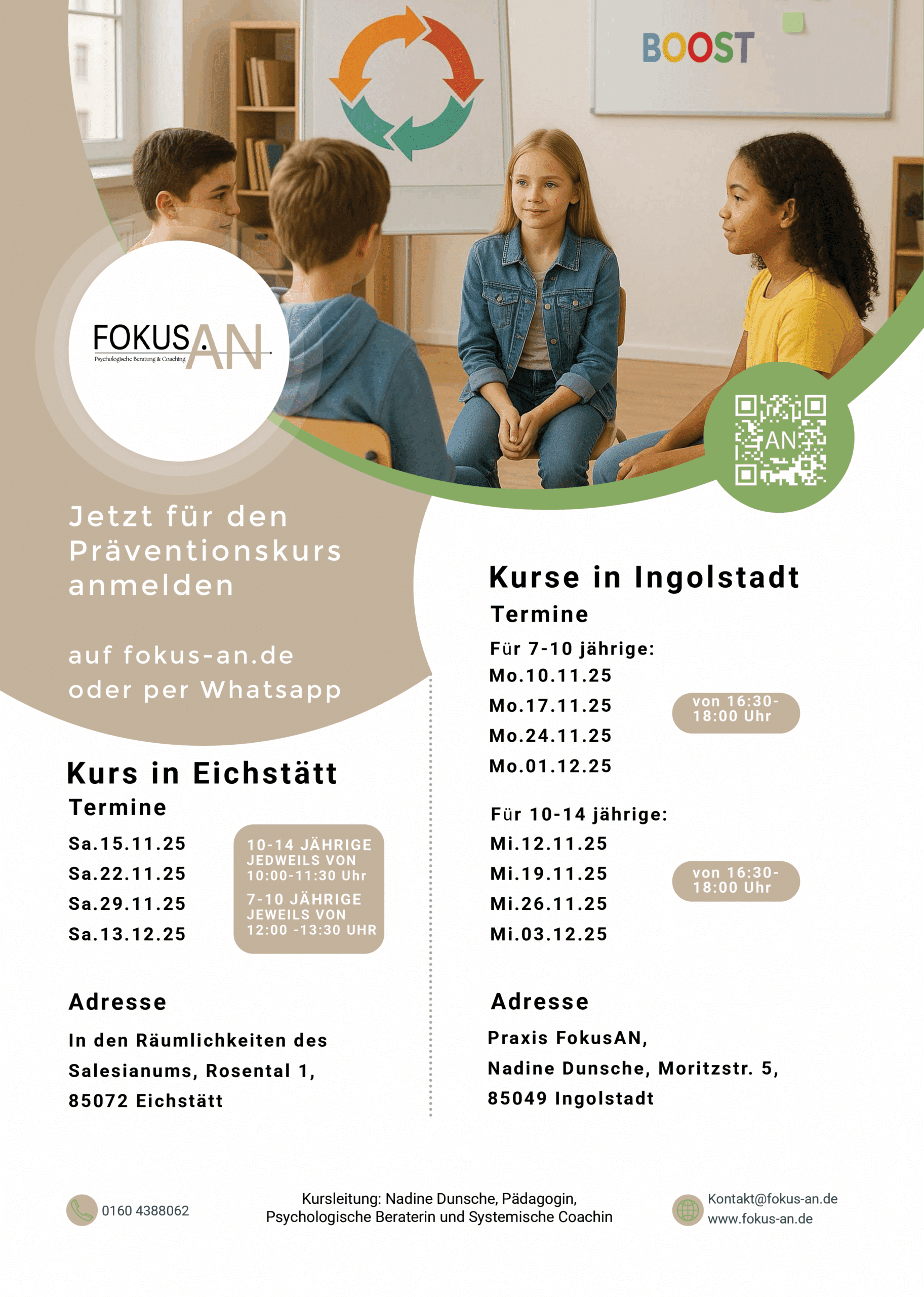 Flyer Boost Kurs für Kinder und Jugendliche. Fokus An in Ingolstadt und Eichstätt