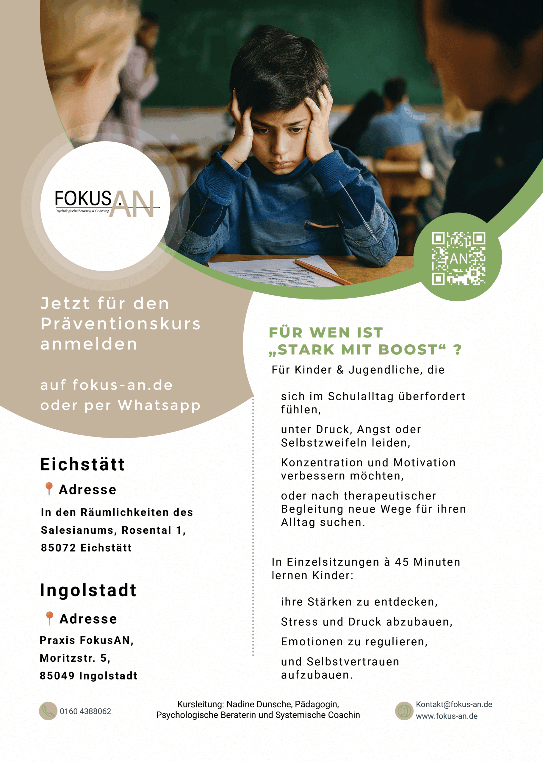 Flyer Boost Kurs für Kinder und Jugendliche. Fokus An in Ingolstadt und Eichstätt
